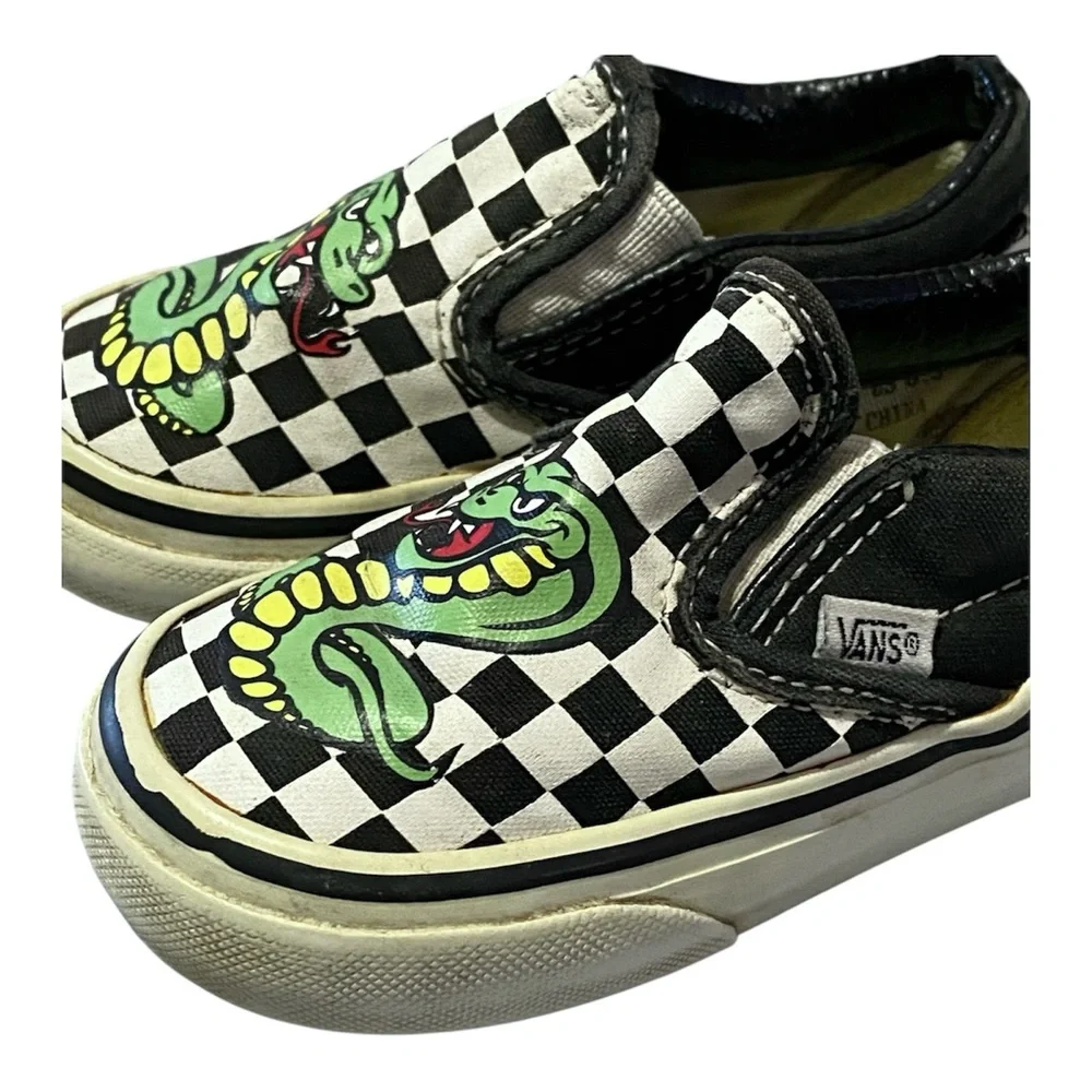 Vintage Vans Checkerboard Slip On Sneakers Toddler Size 6.5 Custom Snake Graphic